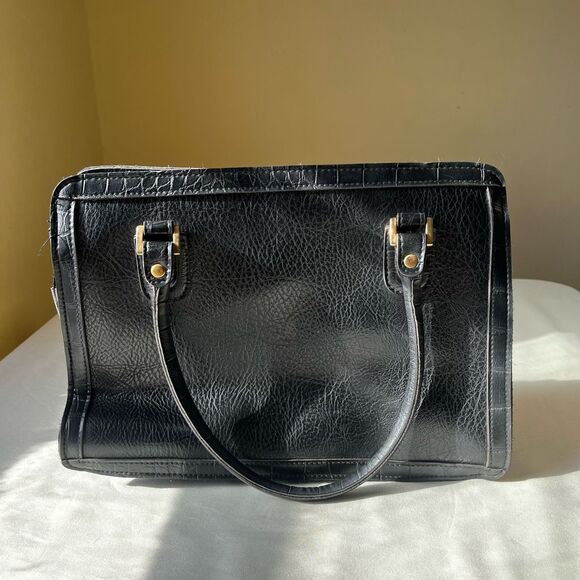 Vintage Cornell Vegan Leather Handbag Black Structured Satchel Gold Hardware - Picture 4 of 9